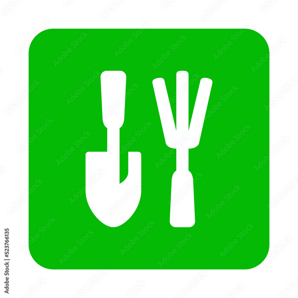 Fototapeta premium Icono herramientas de jardín. Conjunto de herramientas agrícolas para el jardín y la huerta: rastrillo y pala en cuadrado color verde