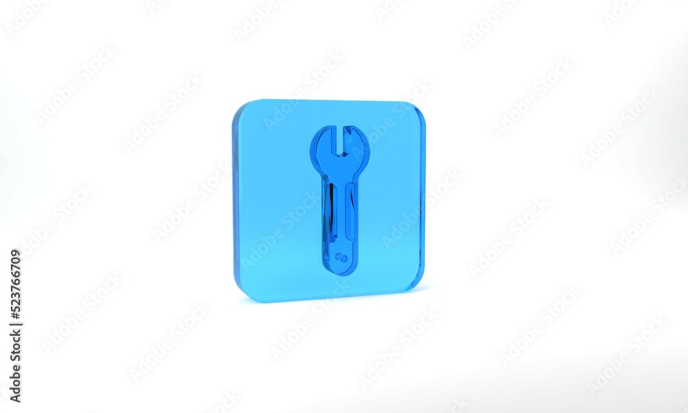 Blue Wrench spanner icon isolated on grey background. Spanner repair tool. Service tool symbol. Glass square button. 3d illustration 3D render Blue Wrench spanner icon isolated on grey background. Spanner repair tool. Service tool symbol. Glass square button. 3d illustration 3D render