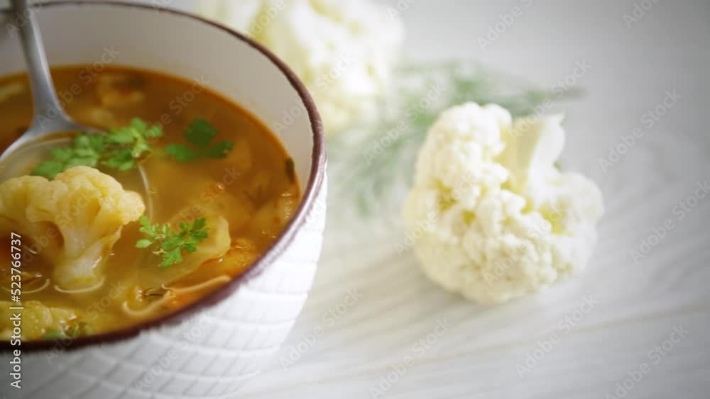 vegetable summer soup with cauliflower in a bowl vegetable summer soup with cauliflower in a bowl