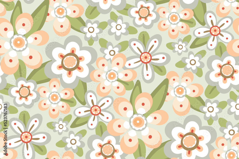 Seamless floral pattern, decorative ditsy print in pastel colors. Cute botanical background design with gentle meadow, hand drawn flowers, leaves. Vector illustration.