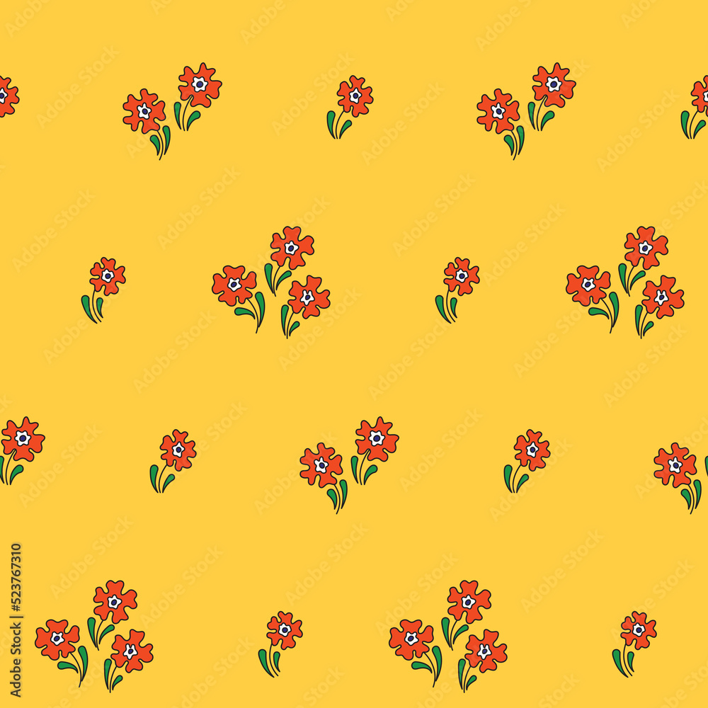 Seamless floral pattern, simple and cute ditsy print with small flowers on a yellow background. Vector illustration.