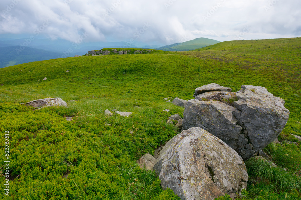 stones and boulders on the grassy meadow. green landscape in summer. rainy weather in mountains with overcast sky