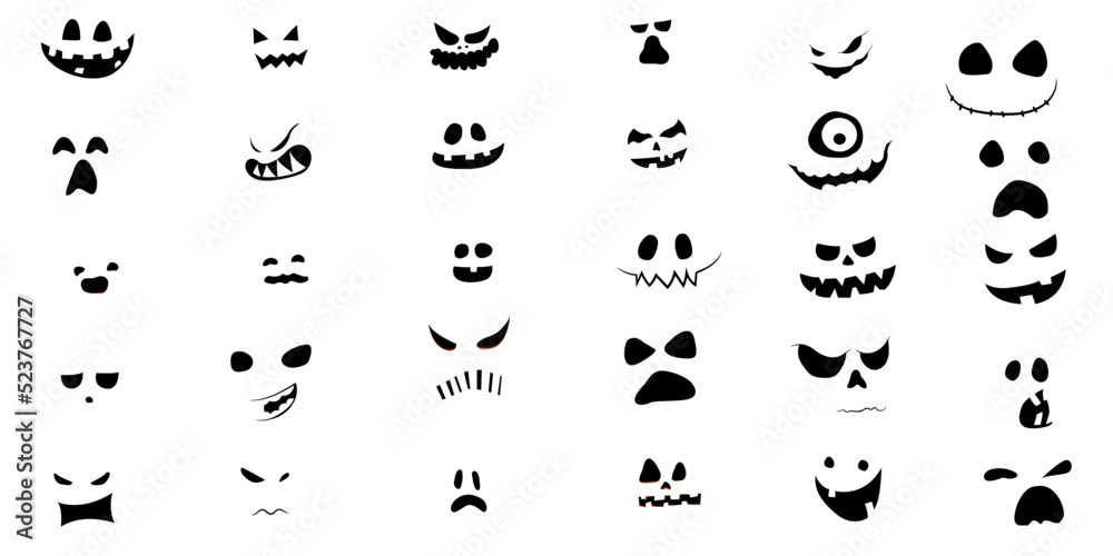 Set of decorative faces on pumpkins for a festive Halloween decoration vector illustration. Set of decorative faces on pumpkins for a festive Halloween decoration vector illustration.