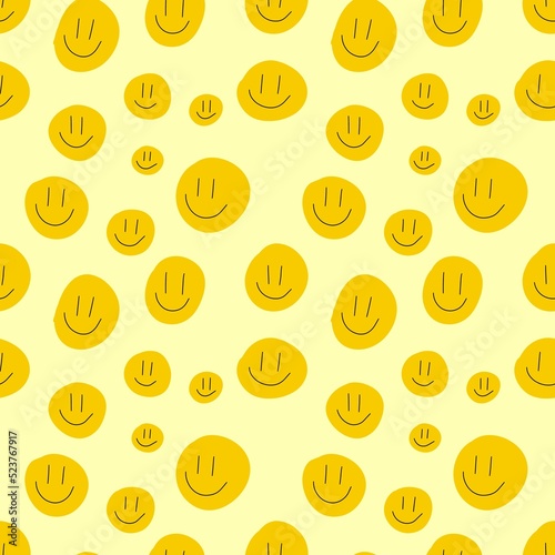 world smile day. cute smiling faces seamless pattern illustration, yellow round shapes circles on yellow background