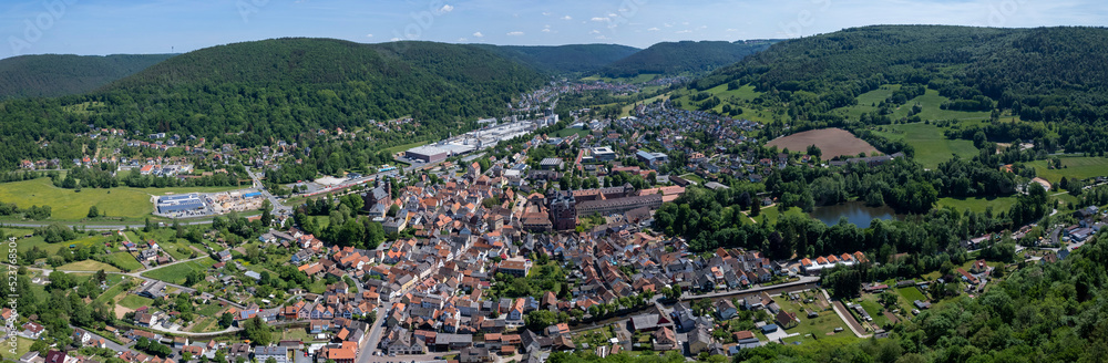 Aerial view of the city Amorbach in Germany on a sunny day in summer. 