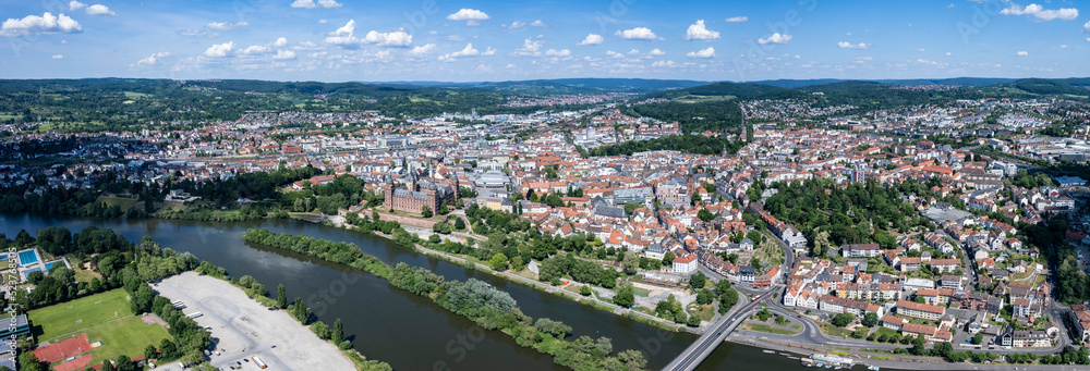 Aeriel view of the old town of the city Aschaffenburg in Germany on a sunny day in summer.