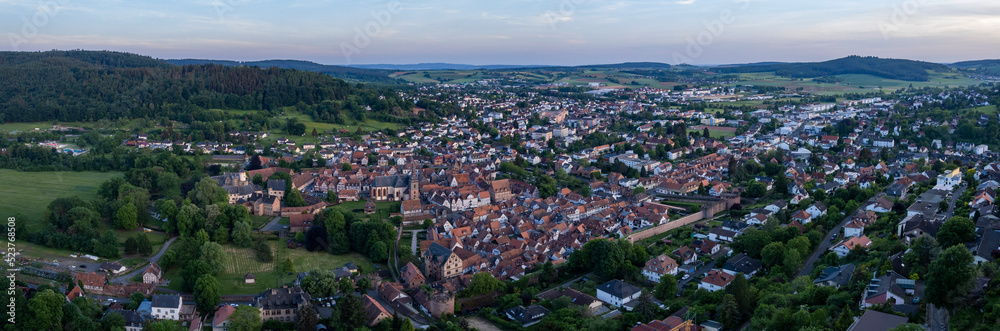 Aerial view of the old town Büdingen in Germany on a sunny afternoon in spring