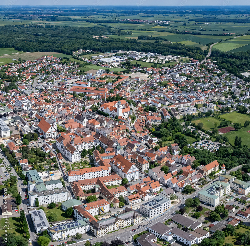 Aerial view of the city Dillingen in Germany, Bavaria on a sunny day in summer