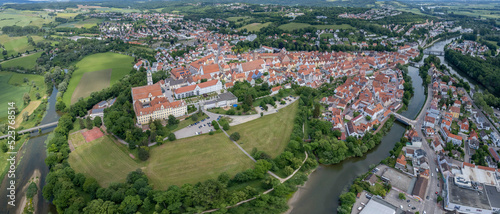 Aerial view of the city donauwörth in Germany, Bavaria on a sunny summer day.