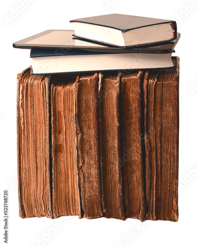 Obraz na płótnie Row of old shabby brown books, new book and digital tablet on it isolated on white background. Old vs new concept. Closeup. w salonie