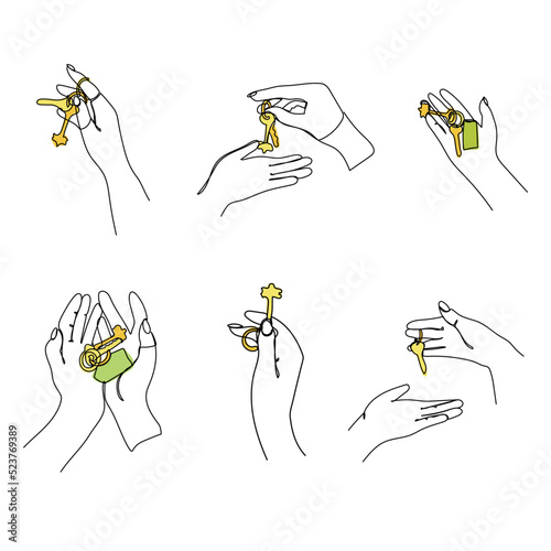 Set Continuous line drawing. The hand holds the keys to the car or apartment. Real estate sale concept. Vector illustration isolated on white background