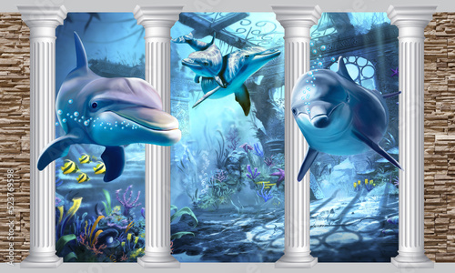Fototapeta Naklejka Na Ścianę i Meble -  Digital illustration of a sunken city. 3d rendering. 3d wallpaper. Underwater world with beautiful dolphins.