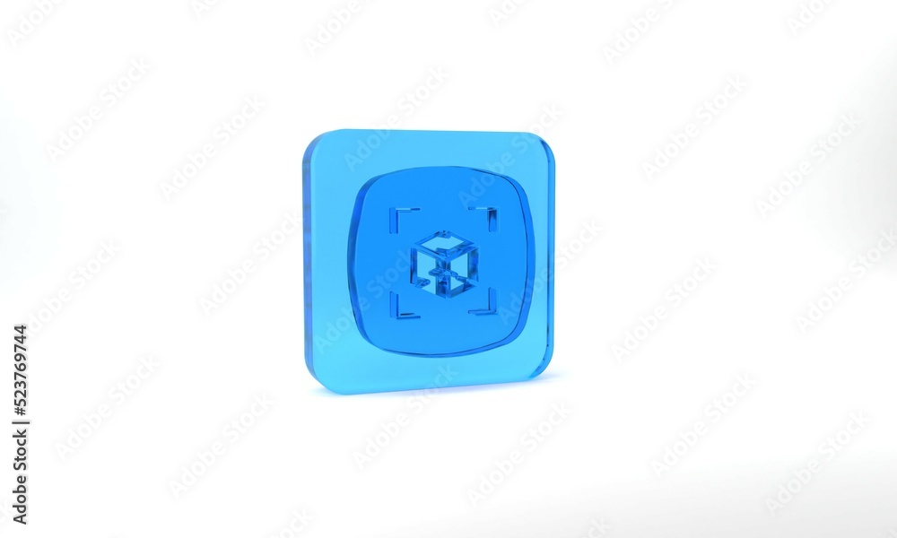 Blue 3d modeling icon isolated on grey background. Augmented reality or virtual reality. Glass square button. 3d illustration 3D render Blue 3d modeling icon isolated on grey background. Augmented reality or virtual reality. Glass square button. 3d illustration 3D render