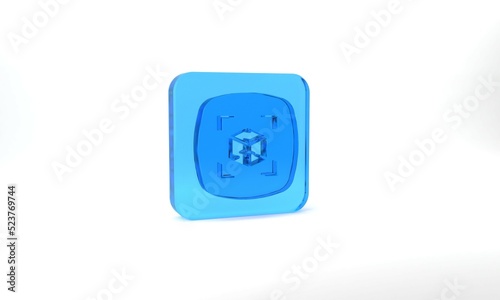 Blue 3d modeling icon isolated on grey background. Augmented reality or virtual reality. Glass square button. 3d illustration 3D render