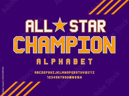 sports style embroidered stitching alphabet design with uppercase, numbers and symbols