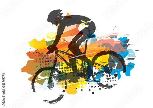 Mountain biker in full speed, autumn leaf color background.
Colorful expressive illustration of a man riding a mountain bike down a hill at high speed. T-shirt motif. Vector available.