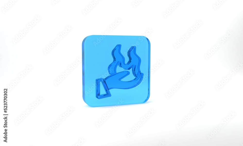 Blue Hand holding a fire icon isolated on grey background. Glass square button. 3d illustration 3D render Blue Hand holding a fire icon isolated on grey background. Glass square button. 3d illustration 3D render