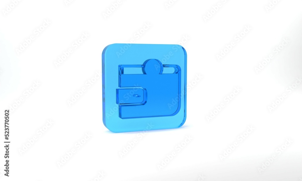 Blue Wallet icon isolated on grey background. Purse icon. Cash savings symbol. Glass square button. 3d illustration 3D render Blue Wallet icon isolated on grey background. Purse icon. Cash savings symbol. Glass square button. 3d illustration 3D render
