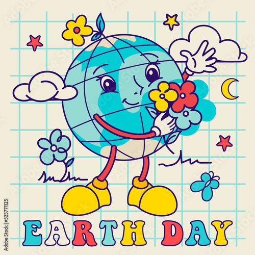 Happy Earth Day groovy greeting concept with funny cartoon Earth holding flowers. Vector illustration.