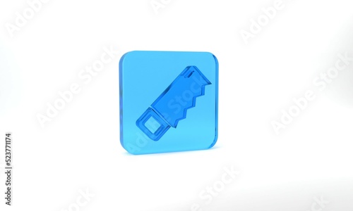 Blue Hand saw icon isolated on grey background. Glass square button. 3d illustration 3D render