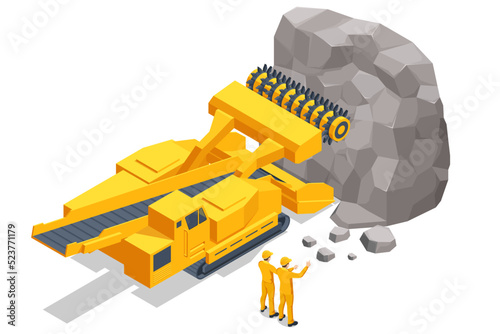 Isometric tunneling drilling rigs, self-propelled drilling rigs. Bucket-wheel excavator, heavy equipment used in surface mining. Mining quarry, mine