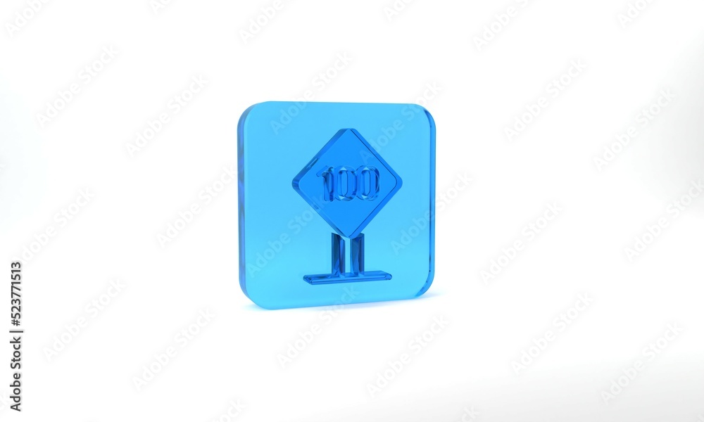 Blue Speed limit traffic sign 100 km icon isolated on grey background. Glass square button. 3d illustration 3D render Blue Speed limit traffic sign 100 km icon isolated on grey background. Glass square button. 3d illustration 3D render