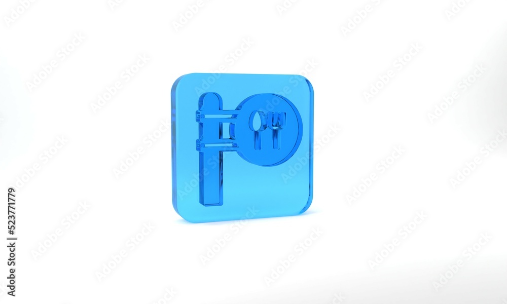 Blue Cafe and restaurant location icon isolated on grey background. Fork and spoon eatery sign inside pinpoint. Glass square button. 3d illustration 3D render. Blue Cafe and restaurant location icon isolated on grey background. Fork and spoon eatery sign inside pinpoint. Glass square button. 3d illustration 3D render.