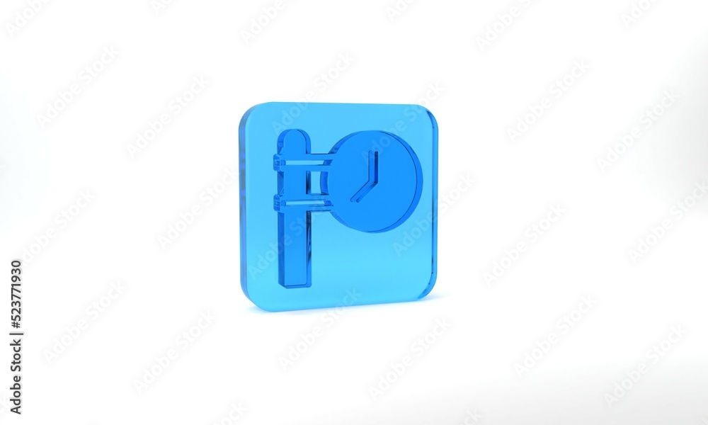 Blue Train station clock icon isolated on grey background. Glass square button. 3d illustration 3D render Blue Train station clock icon isolated on grey background. Glass square button. 3d illustration 3D render