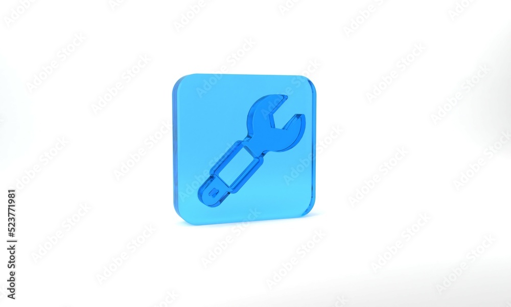 Blue Wrench spanner icon isolated on grey background. Spanner repair tool. Service tool symbol. Glass square button. 3d illustration 3D render Blue Wrench spanner icon isolated on grey background. Spanner repair tool. Service tool symbol. Glass square button. 3d illustration 3D render