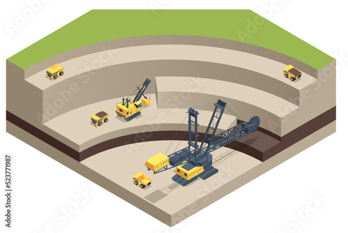 Isometric mining quarry, mine with large quarry dump truck and Bucket-wheel excavator. Coal mine. Equipment for high-mining industry. Bucket-wheel excavator mining lignite