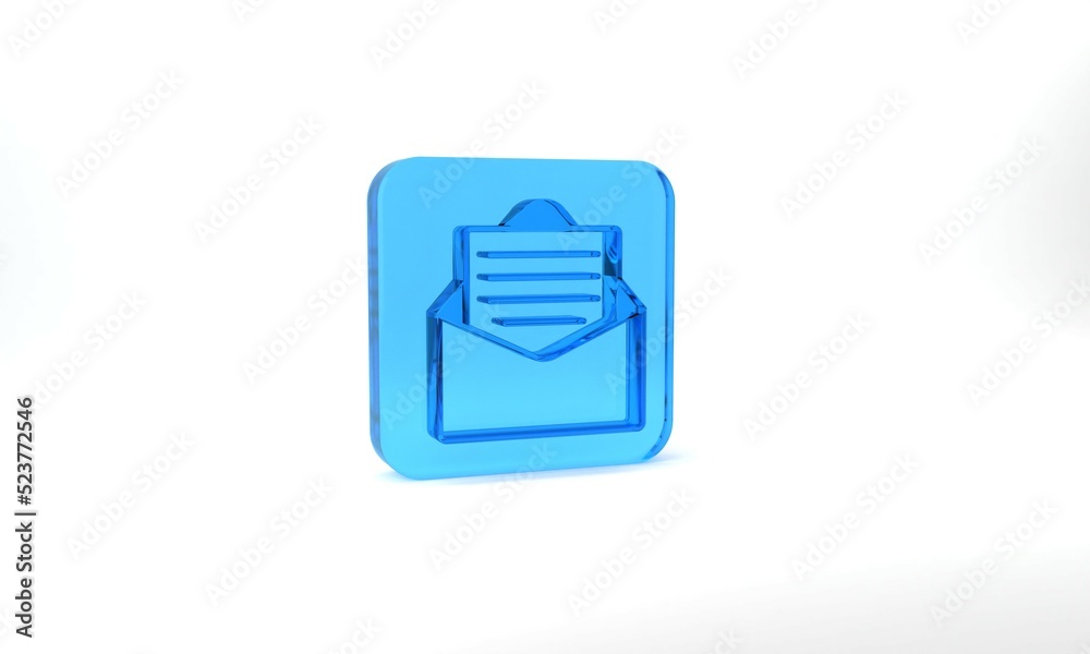 Blue Envelope with christmas party invitation card icon isolated on grey background. Merry Christmas and Happy New Year. Glass square button. 3d illustration 3D render
