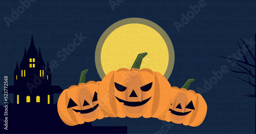 ハロウィンの背景素材 かぼちゃと屋敷と月 ベクターイラスト