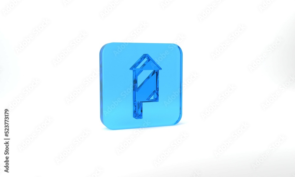 Blue Firework rocket icon isolated on grey background. Concept of fun party. Explosive pyrotechnic symbol. Glass square button. 3d illustration 3D render Blue Firework rocket icon isolated on grey background. Concept of fun party. Explosive pyrotechnic symbol. Glass square button. 3d illustration 3D render