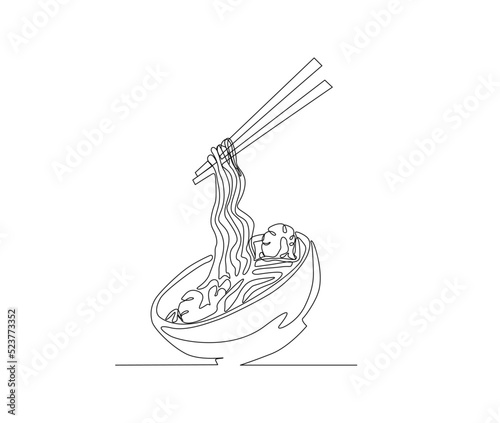 Continuous one line drawing of asian noodle in the bowl. Ramen line art drawing vector illustration.