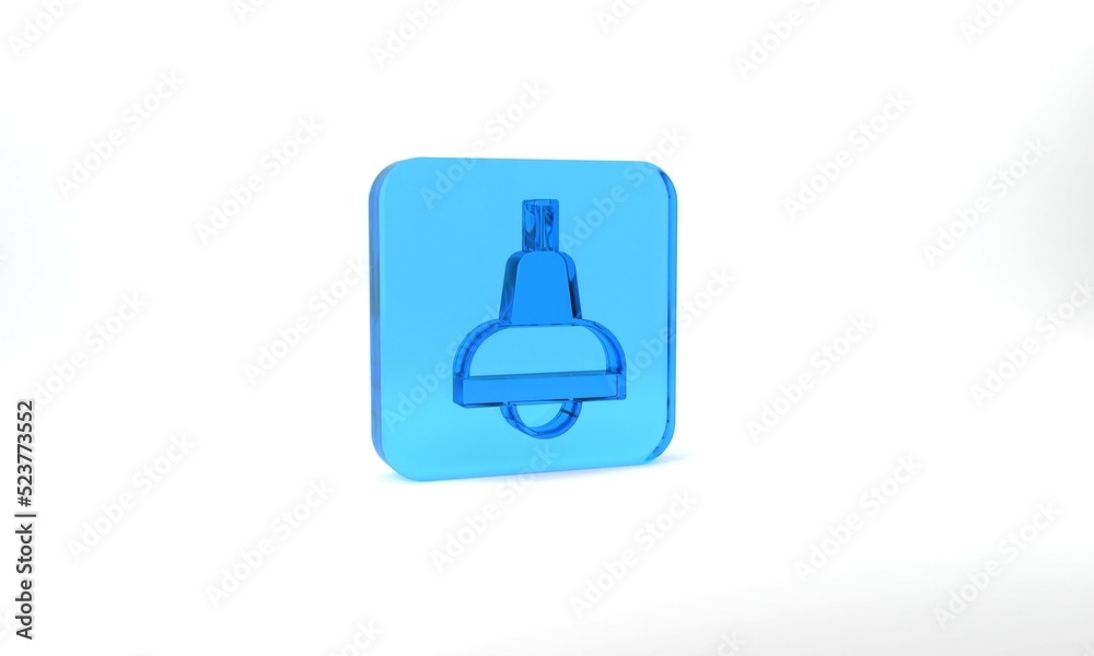 Blue Lamp hanging icon isolated on grey background. Ceiling lamp light bulb. Glass square button. 3d illustration 3D render Blue Lamp hanging icon isolated on grey background. Ceiling lamp light bulb. Glass square button. 3d illustration 3D render