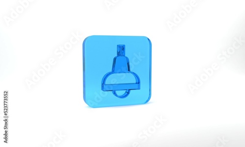 Blue Lamp hanging icon isolated on grey background. Ceiling lamp light bulb. Glass square button. 3d illustration 3D render