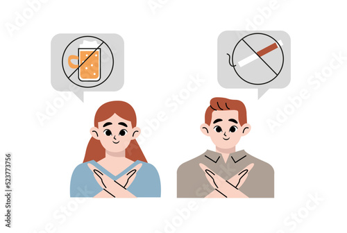 Man, woman avoiding alcohol and cigarettes. Girl female, boy male character in a modern style. Avoid tobacco, beer, vine, smoking, drinking. Vector style design illustration isolated on white