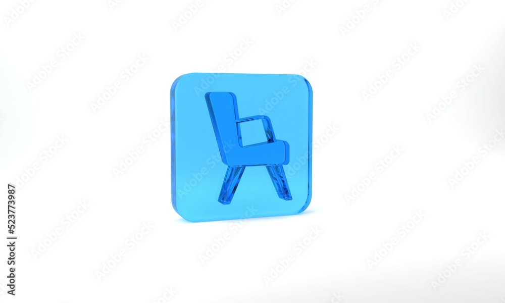 Blue Armchair icon isolated on grey background. Glass square button. 3d illustration 3D render Blue Armchair icon isolated on grey background. Glass square button. 3d illustration 3D render