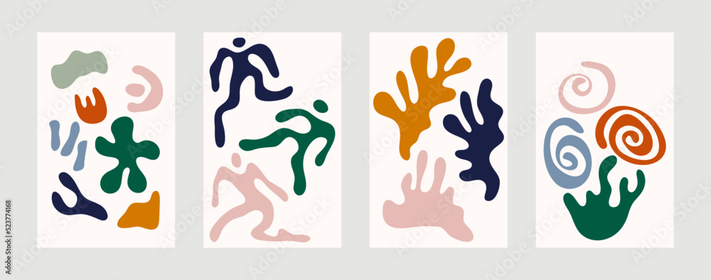 Set of abstract matisse style posters. Modern aesthetic art, minimalist decor, vector, postcard. Organic shapes, slices, people in dance, coral, seaweed, flowers, nature. Colorful flat illustrations.
