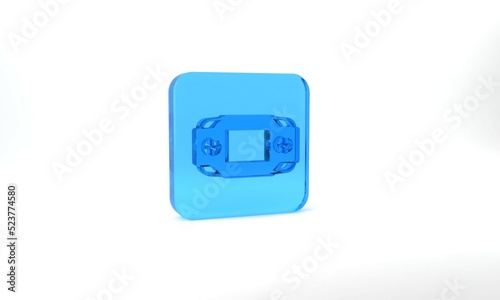 Blue Portable video game console icon isolated on grey background. Handheld console gaming. Glass square button. 3d illustration 3D render