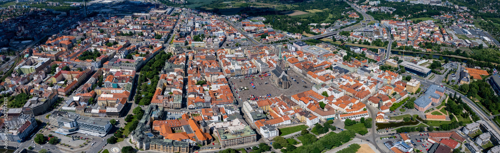 Aerial view of the old town of the city Pilsen in the czech Republic on a sunny day in summer.