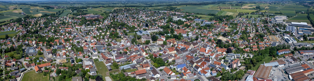 Aerial view around the city Wertingen in Germany, Bavaria on a sunny summer day.