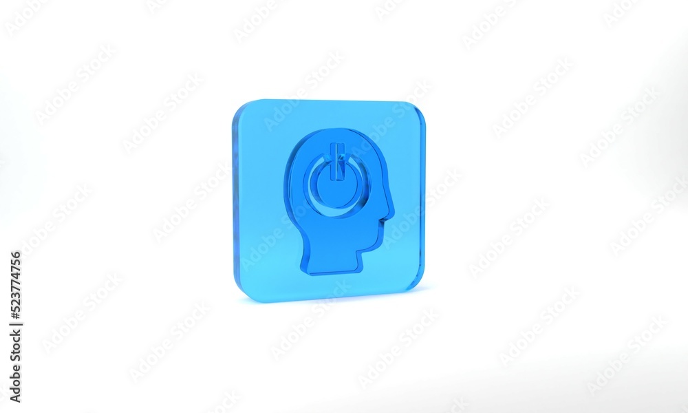 Blue Power button icon isolated on grey background. Start sign. Glass square button. 3d illustration 3D render Blue Power button icon isolated on grey background. Start sign. Glass square button. 3d illustration 3D render