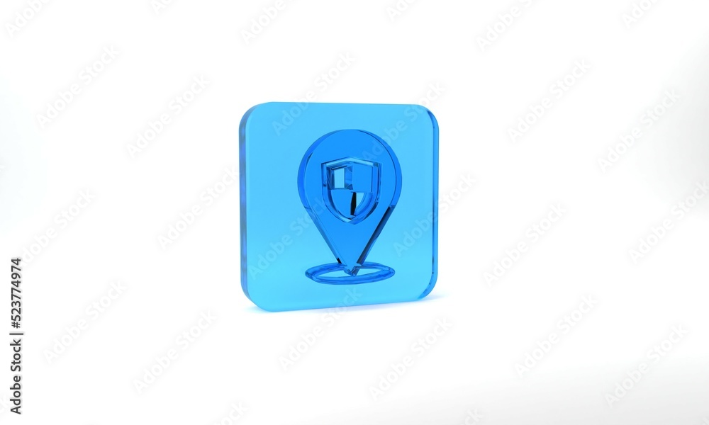Blue Location shield icon isolated on grey background. Insurance concept. Guard sign. Security, safety, protection, privacy concept. Glass square button. 3d illustration 3D render