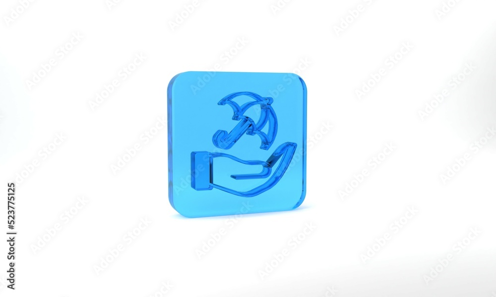 Blue Umbrella in hand icon isolated on grey background. Insurance concept. Waterproof icon. Protection, safety, security concept. Glass square button. 3d illustration 3D render Blue Umbrella in hand icon isolated on grey background. Insurance concept. Waterproof icon. Protection, safety, security concept. Glass square button. 3d illustration 3D render