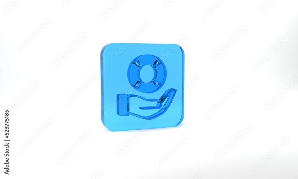 Blue Lifebuoy in hand icon isolated on grey background. Lifebelt symbol. Glass square button. 3d illustration 3D render Blue Lifebuoy in hand icon isolated on grey background. Lifebelt symbol. Glass square button. 3d illustration 3D render