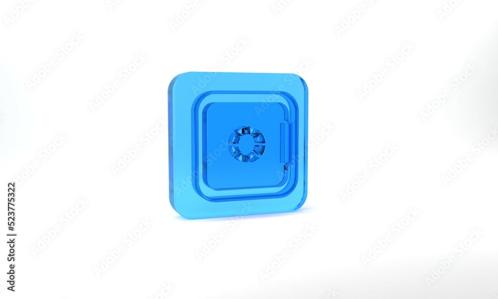 Blue Safe icon isolated on grey background. The door safe a bank vault with a combination lock. Reliable Data Protection. Glass square button. 3d illustration 3D render Blue Safe icon isolated on grey background. The door safe a bank vault with a combination lock. Reliable Data Protection. Glass square button. 3d illustration 3D render