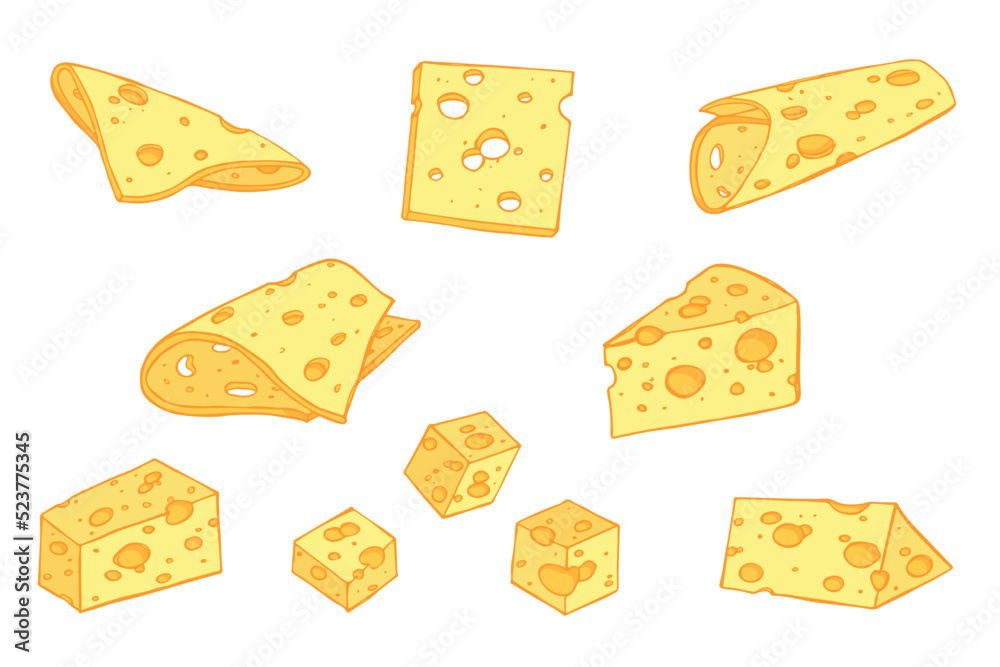 Hand drawn set of cheese parts and slices isolated on a white background. Cheese icon. Vector cheese clipart Hand drawn set of cheese parts and slices isolated on a white background. Cheese icon. Vector cheese clipart