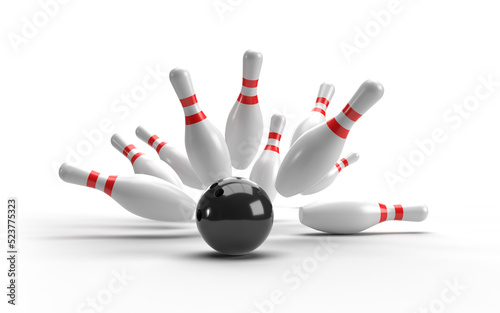 Canvas Print Black Bowling Ball crashing into the pins