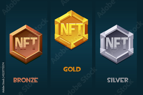 NFT award badge for game resources in different metals. Gold, silver and bronze award badge. Cryptocurrency, NFT-token Internet currency of the future